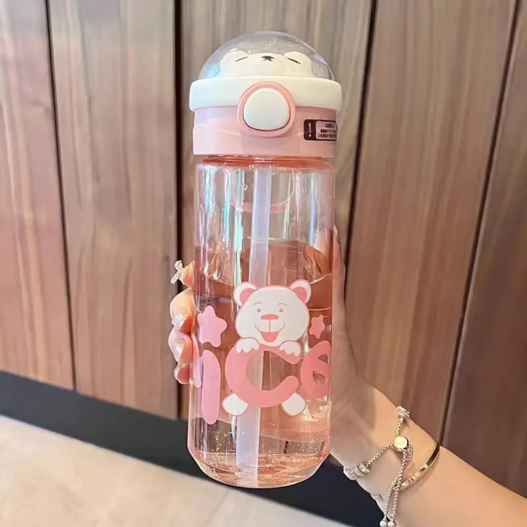 Gourde Enfant Kawaii avec Paille – Bouteille d’Eau Portable à Motif Ourson, Été & École