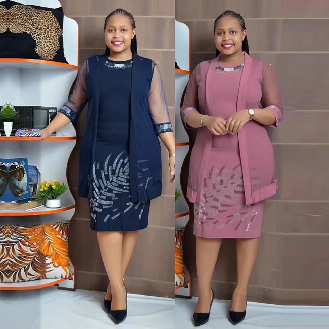 Ensemble Robe Grande Taille + Cardigan – 2 Pièces Élégant avec Strass pour Femmes Africaines