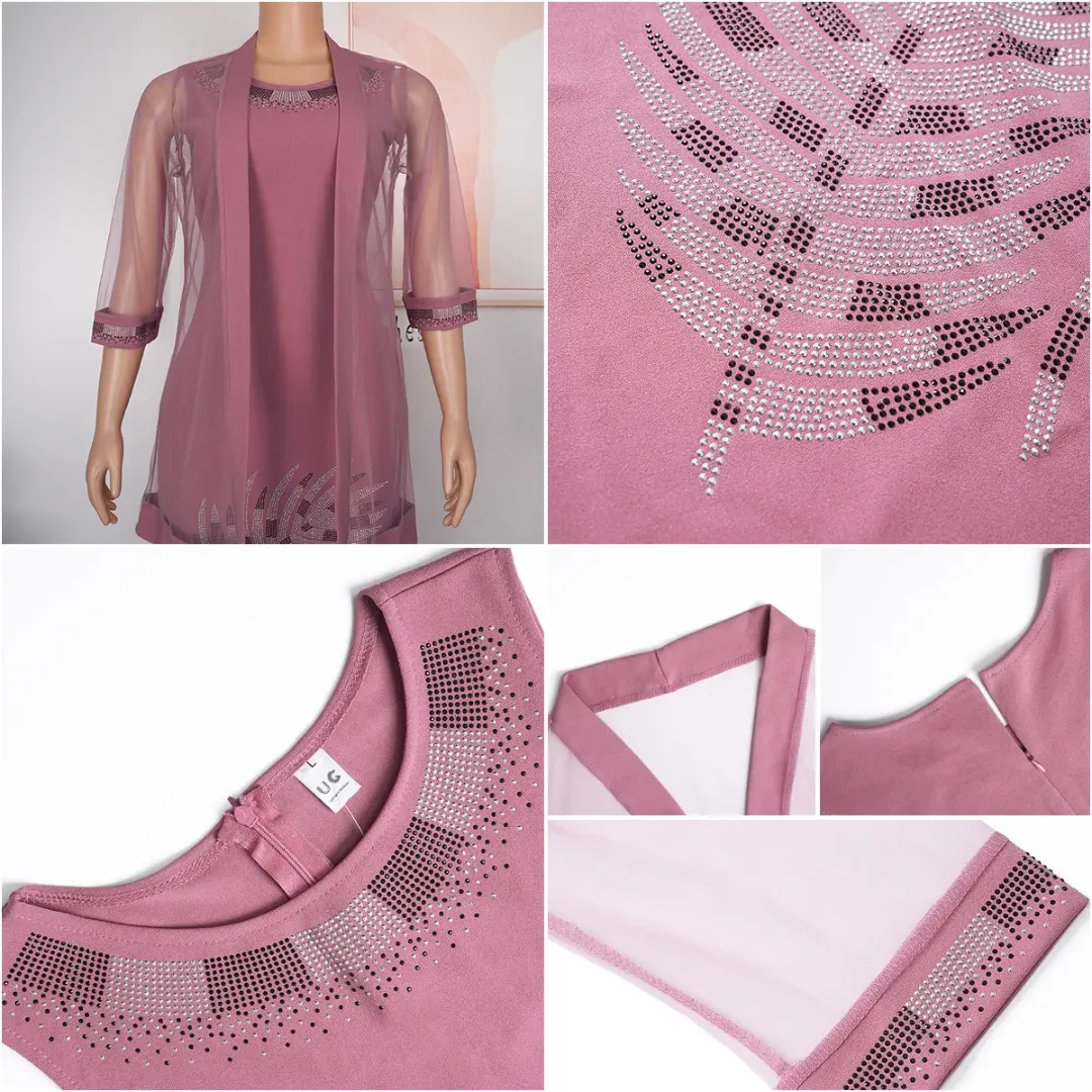 Ensemble Robe Grande Taille + Cardigan – 2 Pièces Élégant avec Strass pour Femmes Africaines