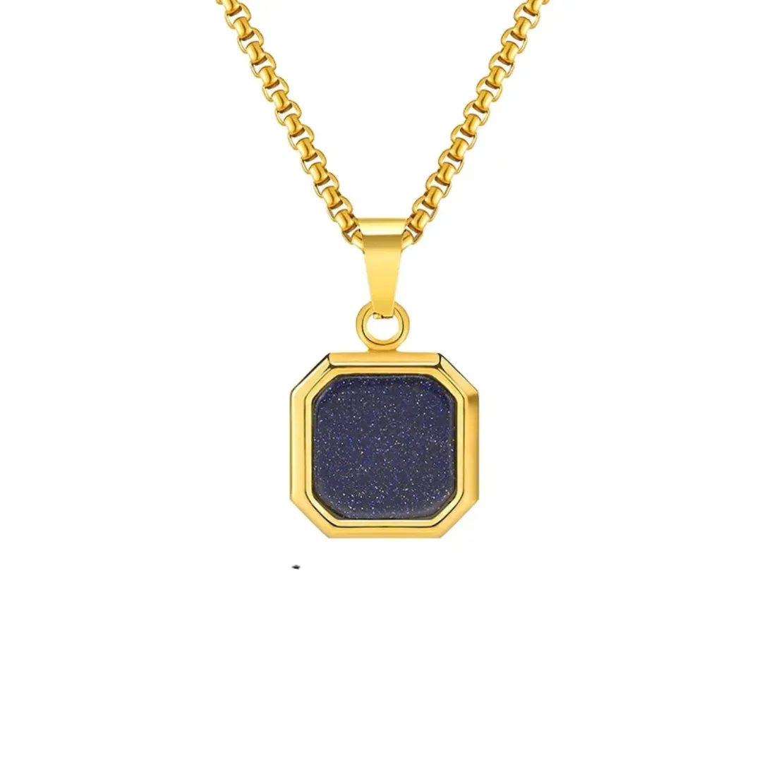 Chaîne Carrée Homme/Femme – Acier Inoxydable Doré 18K & Pierre Naturelle – Bijou Tendance Hiphop