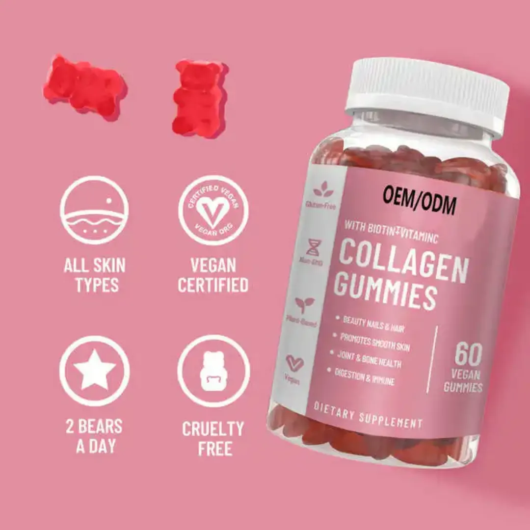 Gummies Collagène Beauté – Vitamines Véganes pour la Peau, Cheveux, Ongles – Enrichies en Biotine et Vitamine C – 60 Gummies