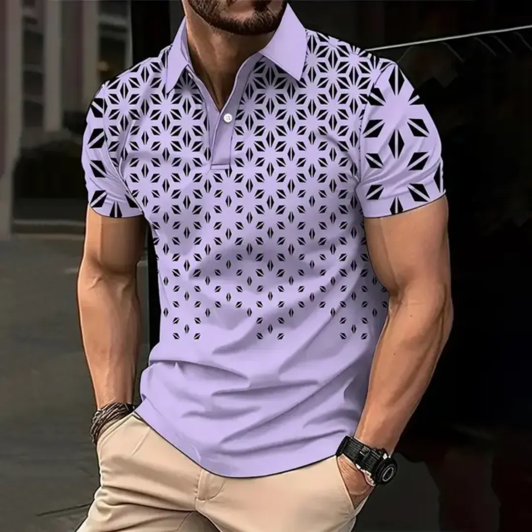 Polo Homme Design Géométrique – Manches Courtes, Confort & Élégance | Polyester Anti-Rétrécissemen