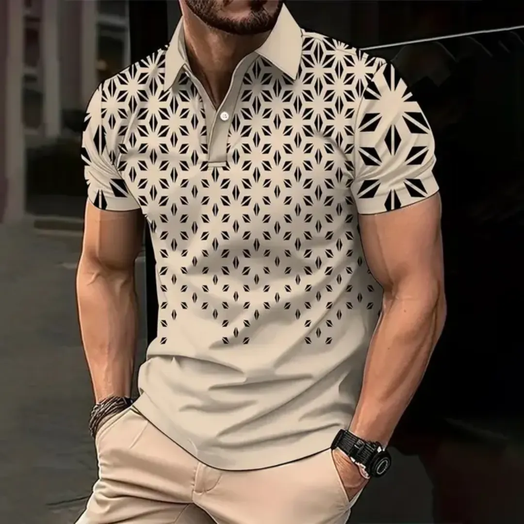 Polo Homme Design Géométrique – Manches Courtes, Confort & Élégance | Polyester Anti-Rétrécissemen