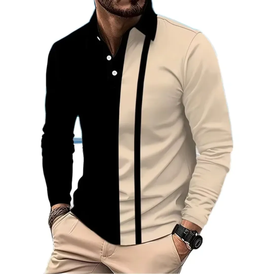 Polo Homme Bicolore Élégant – Design Patchwork, Manches Longues, Coupe Moderne Décontractée