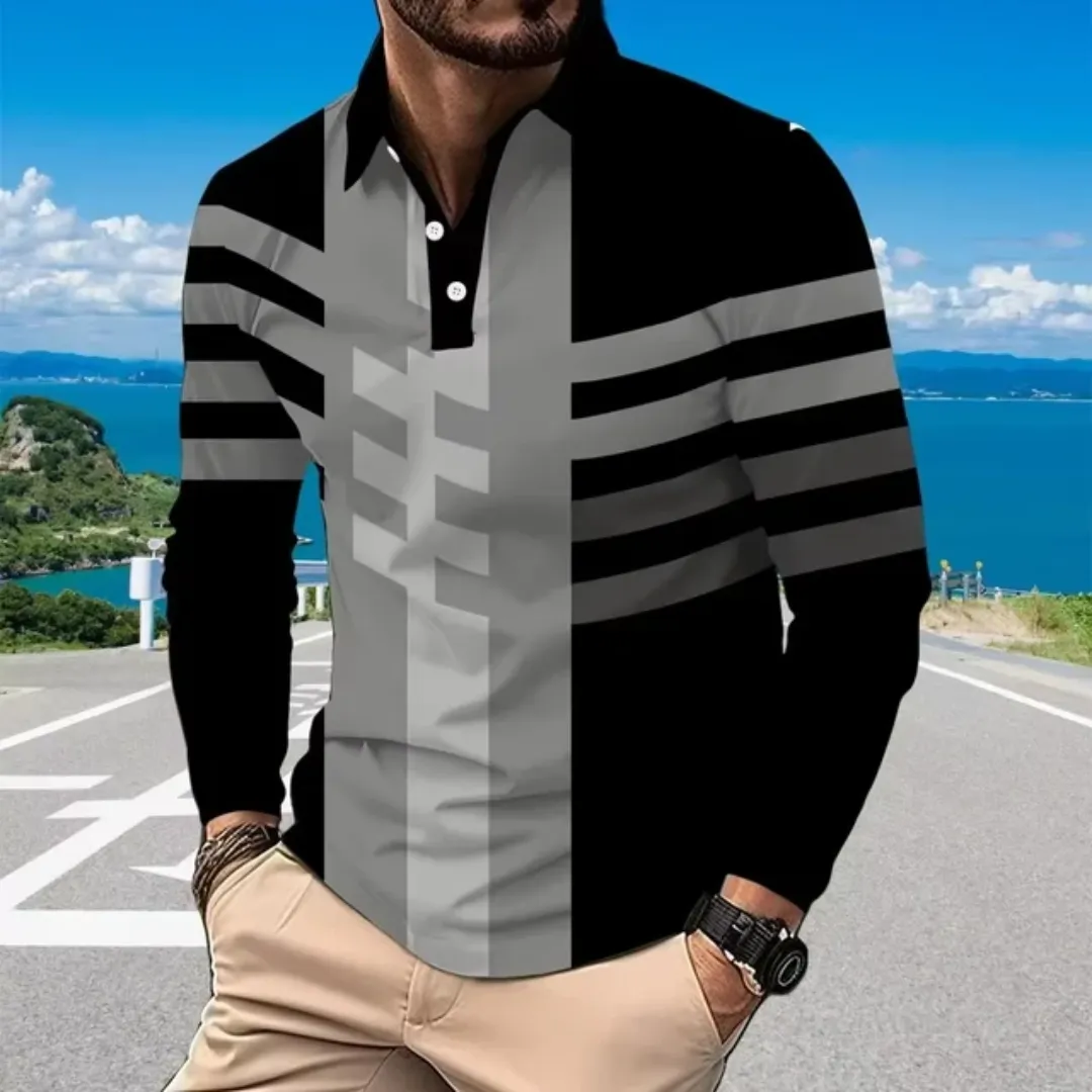 Polo Homme Bicolore Élégant – Design Patchwork, Manches Longues, Coupe Moderne Décontractée