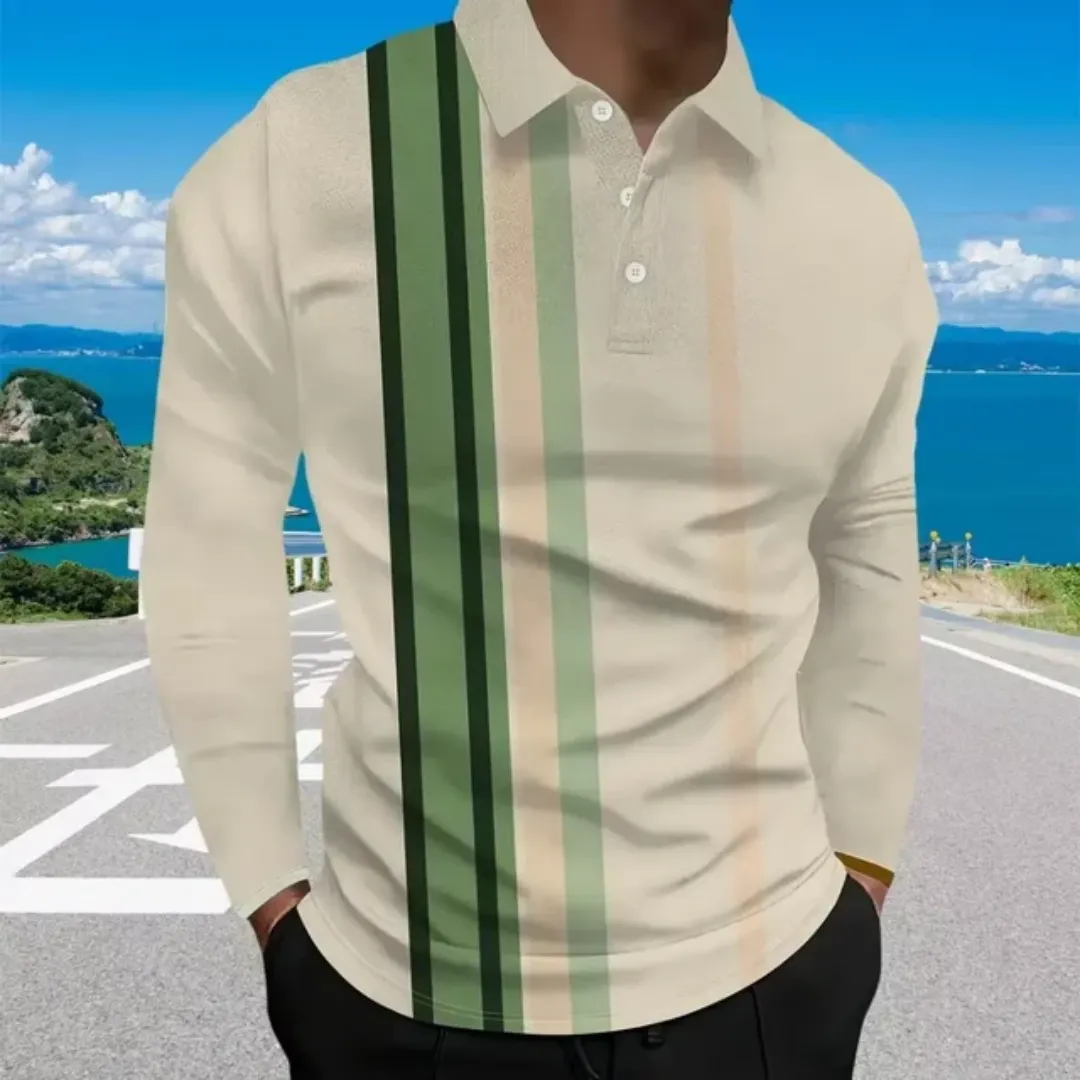 Polo Homme Bicolore Élégant – Design Patchwork, Manches Longues, Coupe Moderne Décontractée