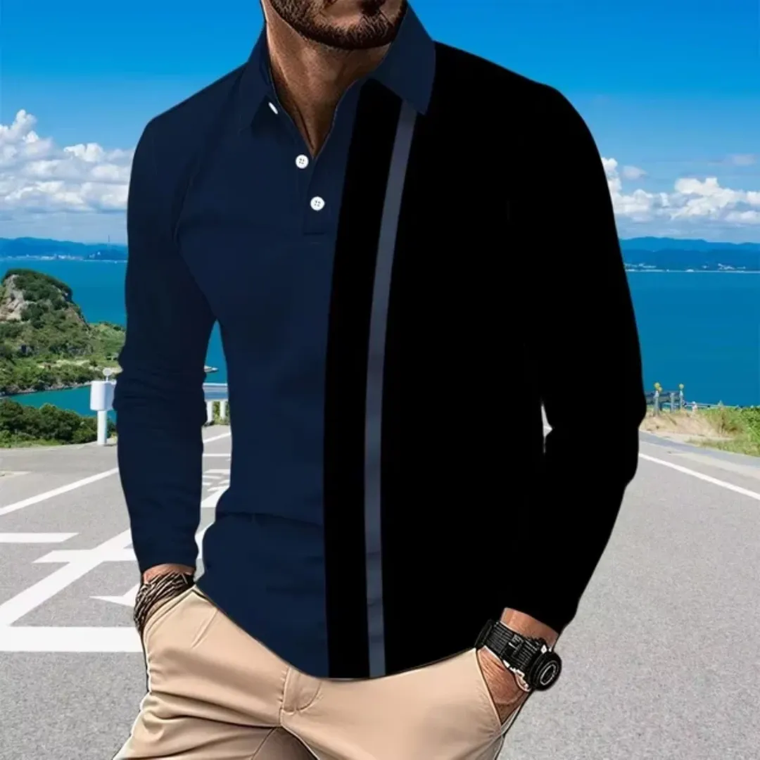 Polo Homme Bicolore Élégant – Design Patchwork, Manches Longues, Coupe Moderne Décontractée