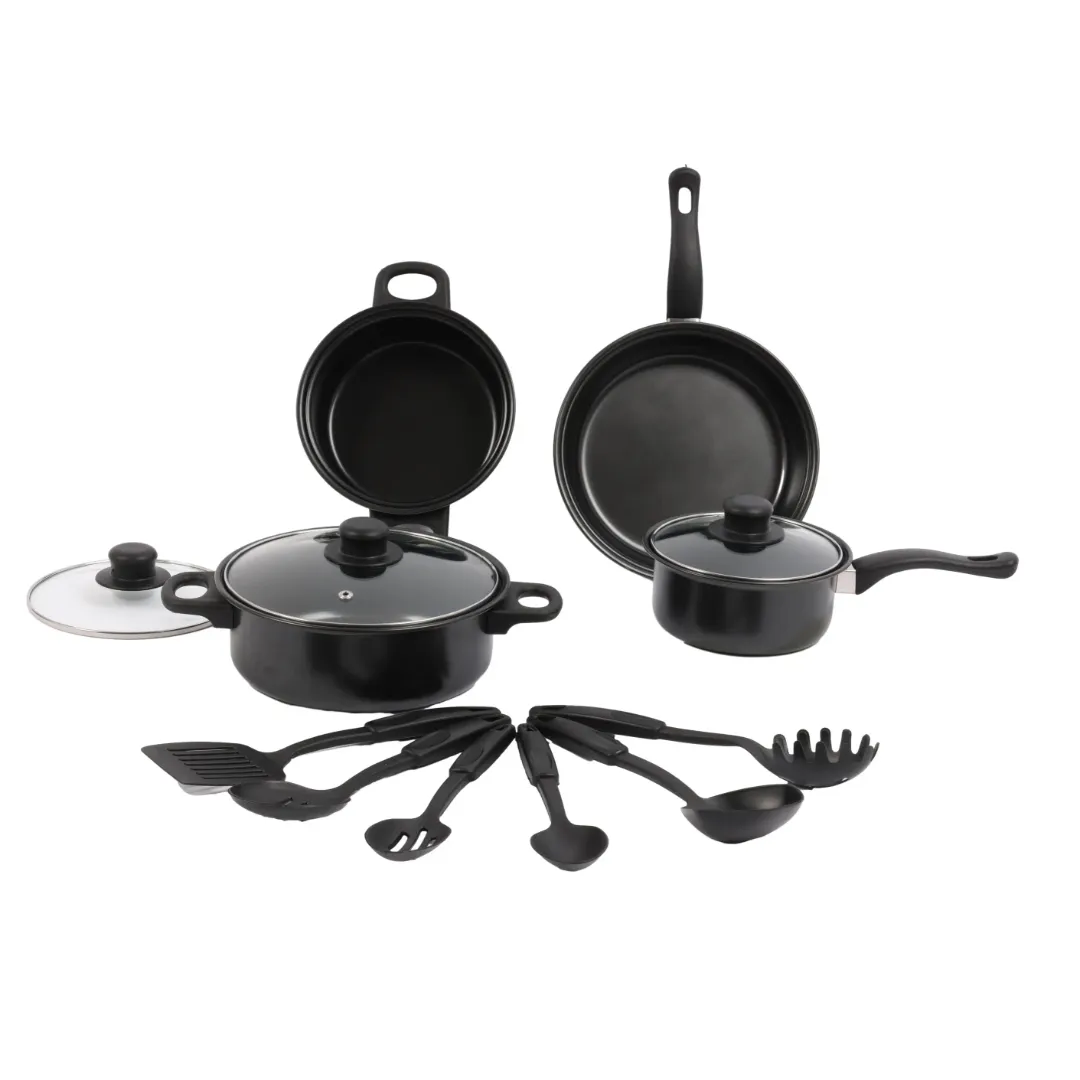 Batterie de Cuisine 12 Pièces – Poêles, Casseroles & Ustensiles avec Couvercles – Revêtement Antiadhésif Noir
