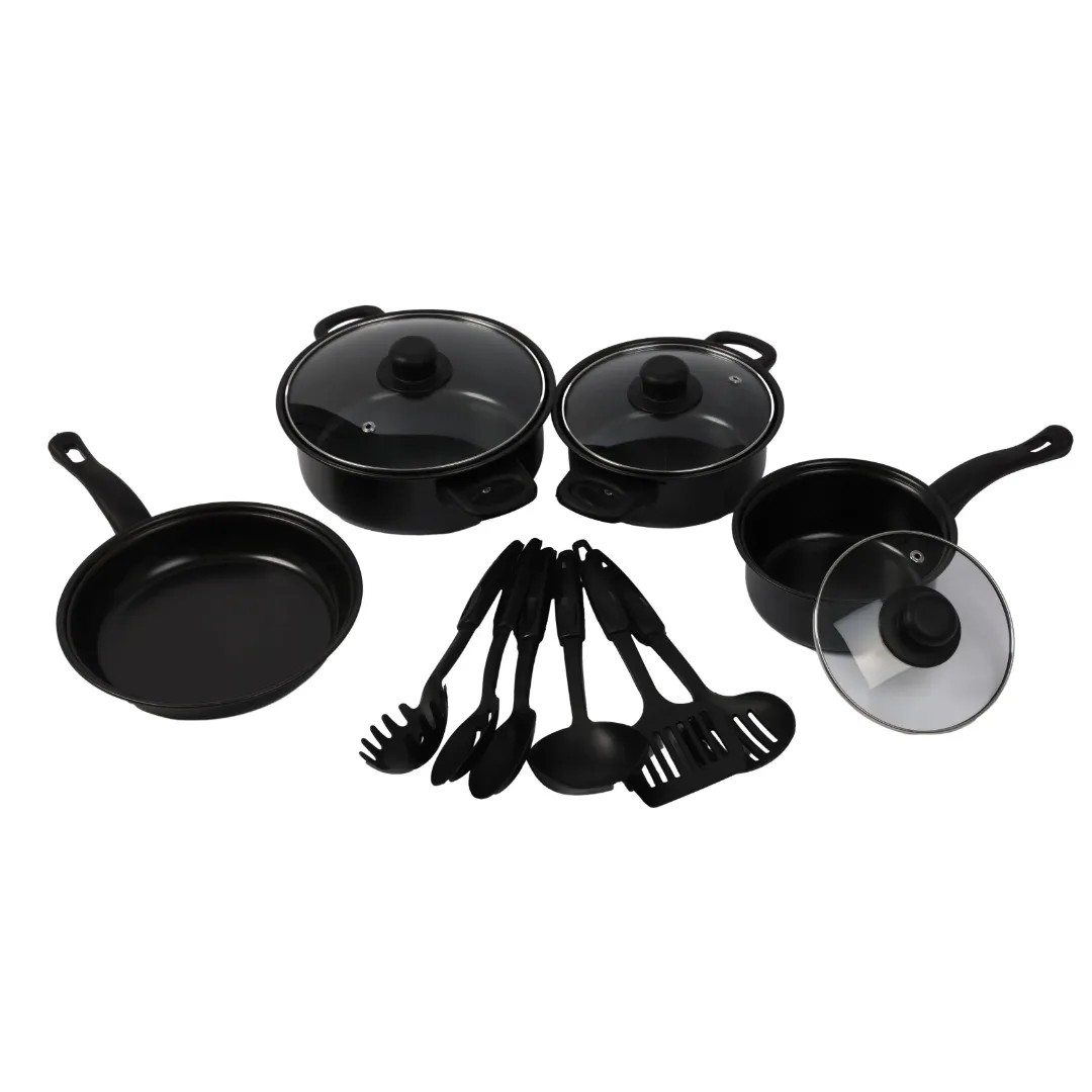 Batterie de Cuisine 12 Pièces – Poêles, Casseroles & Ustensiles avec Couvercles – Revêtement Antiadhésif Noir