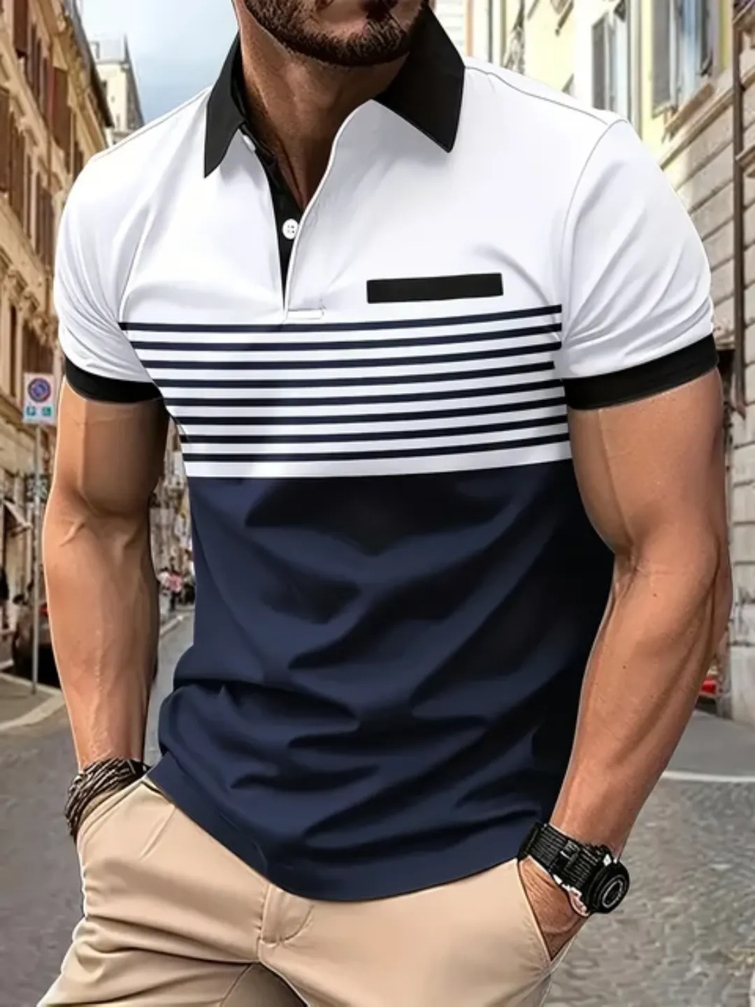 Polo Homme Élégant Bicolore – Tendance Été, Manches Courtes, Col Boutonné – Look Sport-Chic