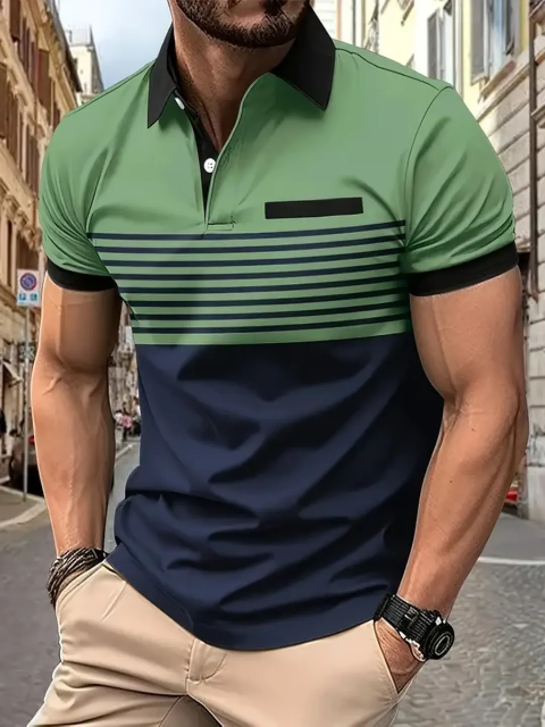 Polo Homme Élégant Bicolore – Tendance Été, Manches Courtes, Col Boutonné – Look Sport-Chic