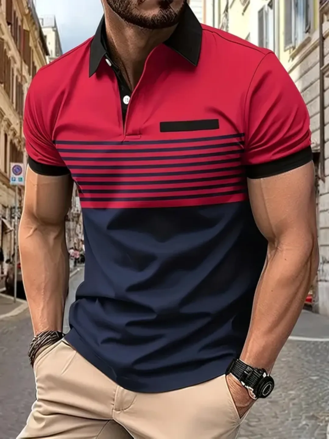 Polo Homme Élégant Bicolore – Tendance Été, Manches Courtes, Col Boutonné – Look Sport-Chic