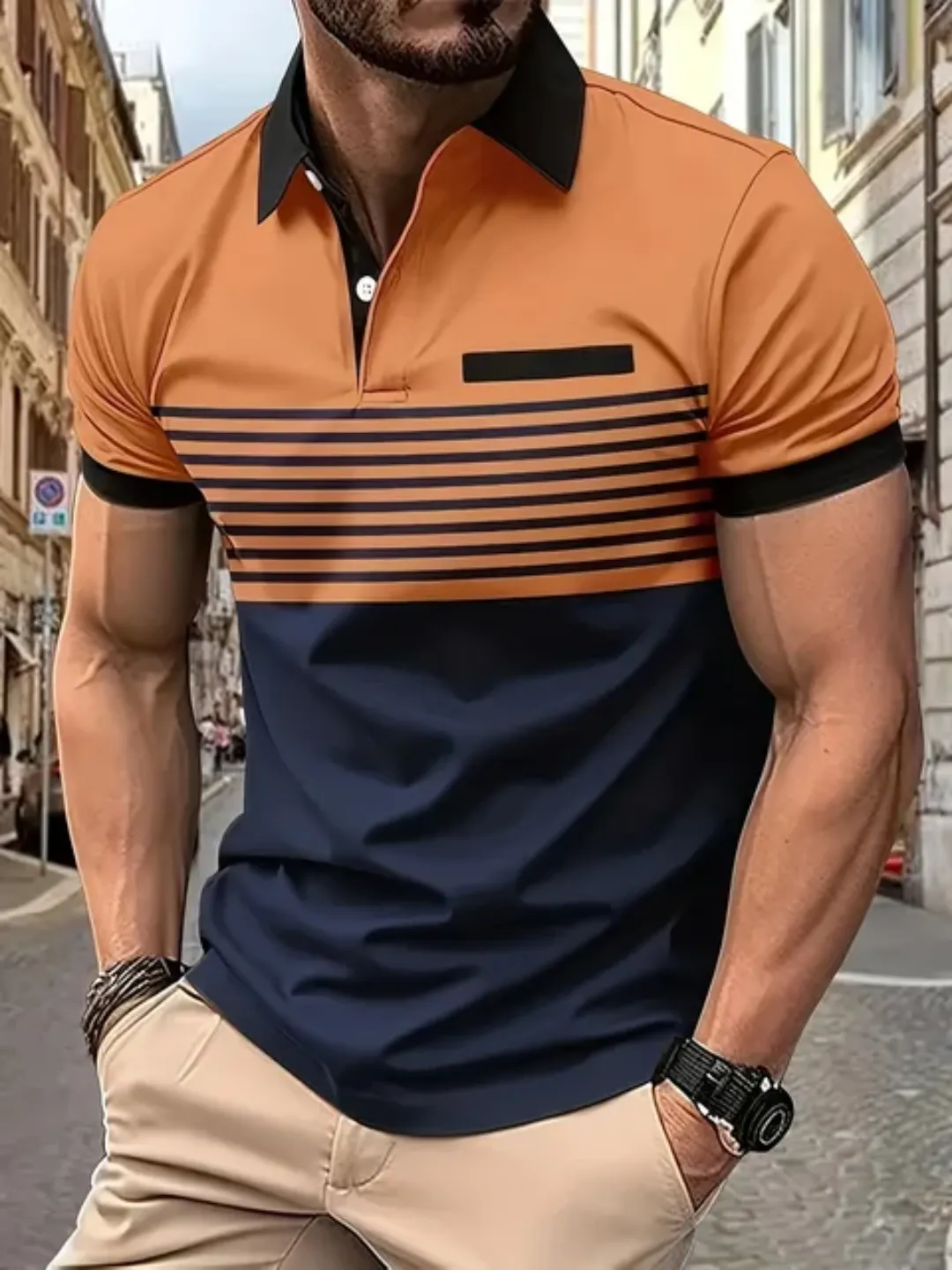 Polo Homme Élégant Bicolore – Tendance Été, Manches Courtes, Col Boutonné – Look Sport-Chic