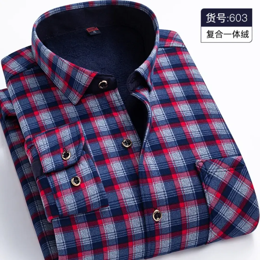 Chemise Homme Chaude à Carreaux en Polaire – Manches Longues, Hiver & Automne, Élégante et Décontractée