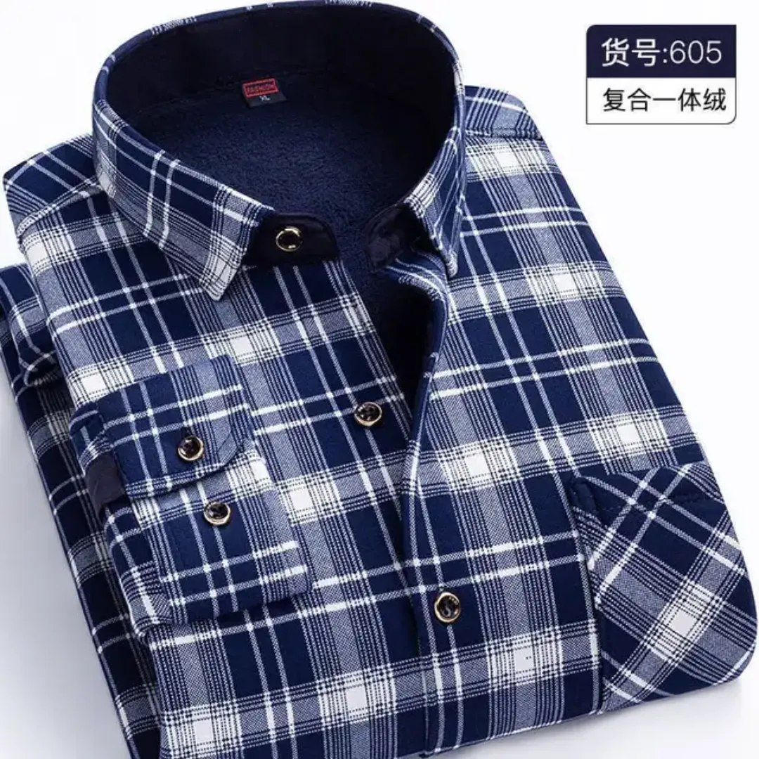 Chemise Homme Chaude à Carreaux en Polaire – Manches Longues, Hiver & Automne, Élégante et Décontractée