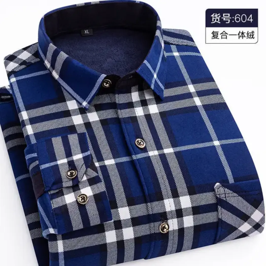 Chemise Homme Chaude à Carreaux en Polaire – Manches Longues, Hiver & Automne, Élégante et Décontractée