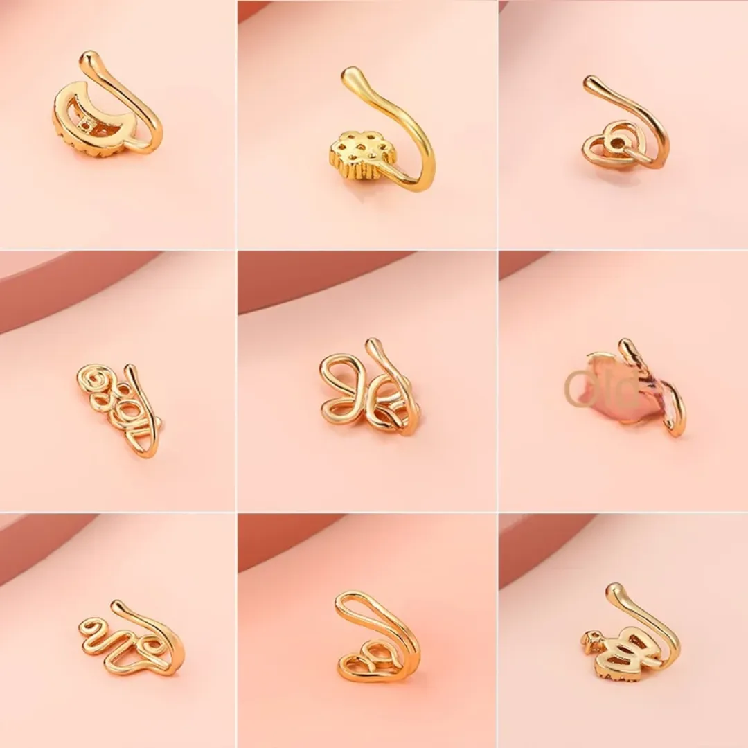 Piercing de Nez Sans Perçage – Anneau U en Titane avec Strass Zircon – Formes Étoile, Couronne, Lune