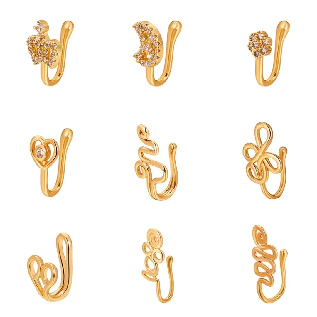Piercing de Nez Sans Perçage – Anneau U en Titane avec Strass Zircon – Formes Étoile, Couronne, Lune