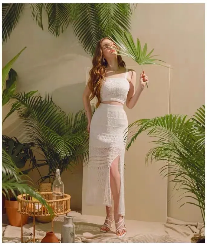 Ensemble Femme Bohème Tricoté – Haut Court et Jupe Longue en Crochet, Style Estival Chic