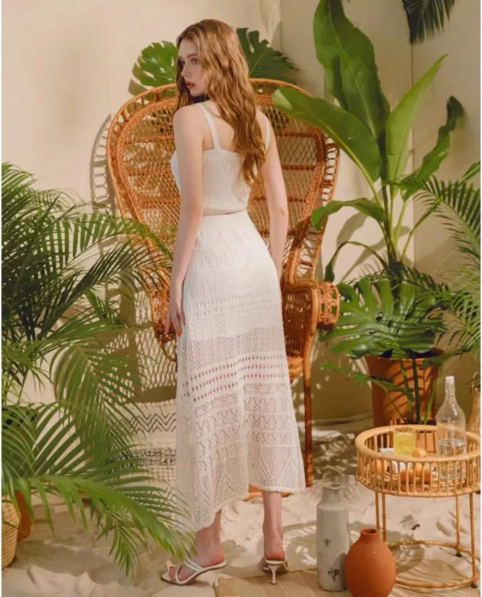 Ensemble Femme Bohème Tricoté – Haut Court et Jupe Longue en Crochet, Style Estival Chic