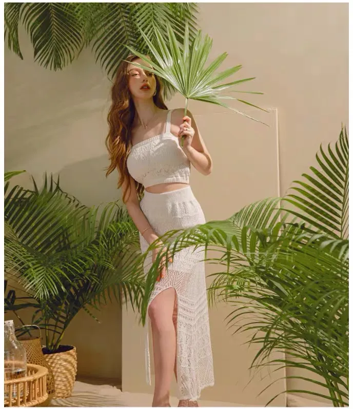 Ensemble Femme Bohème Tricoté – Haut Court et Jupe Longue en Crochet, Style Estival Chic