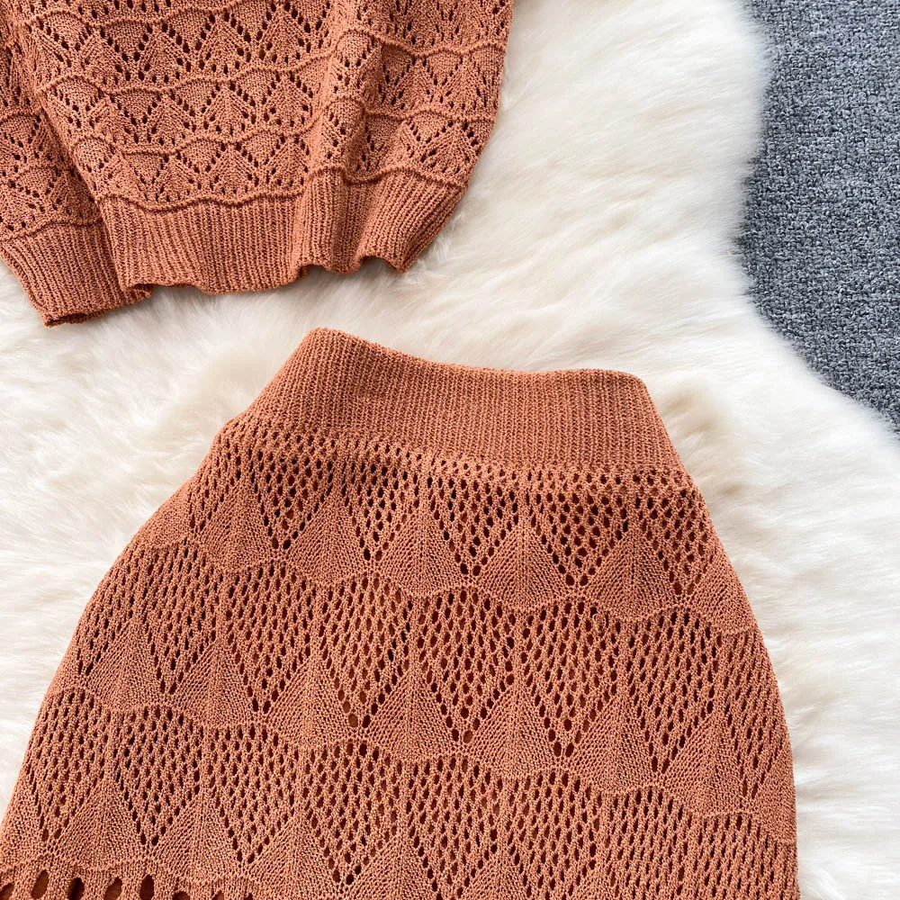 Ensemble Femme Bohème Tricoté – Haut Court et Jupe Longue en Crochet, Style Estival Chic