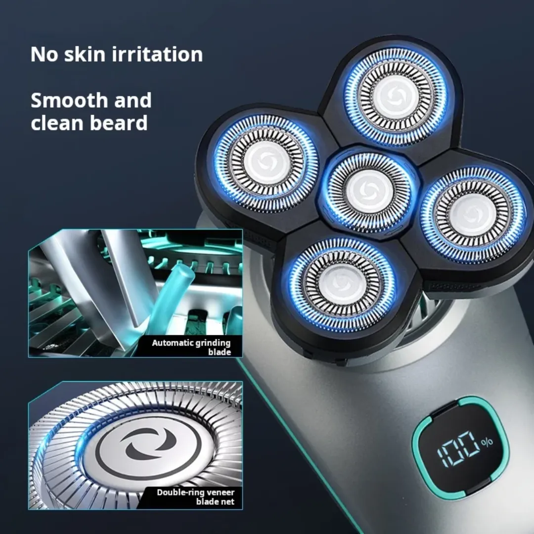 Rasoir Électrique Portable 5 Lames – Étanche IPX6, Rechargeable USB, Affichage LED, Kit de Toilette Homme