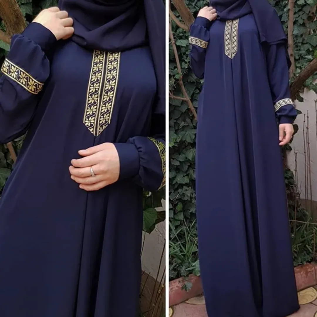 Abaya Noire Élégante – Robe Longue Femme avec Broderie Dorée sur Poignets et Col