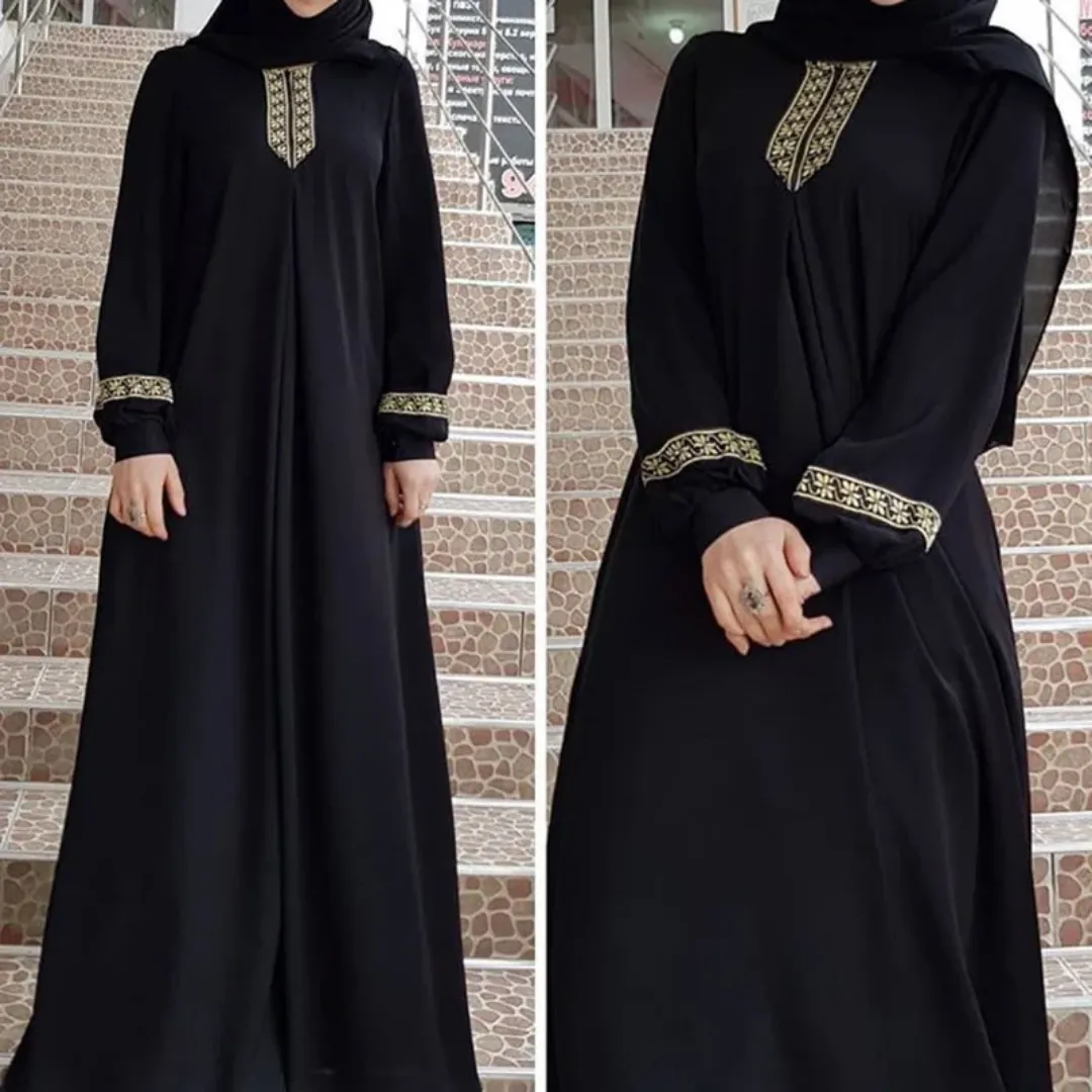 Abaya Noire Élégante – Robe Longue Femme avec Broderie Dorée sur Poignets et Col