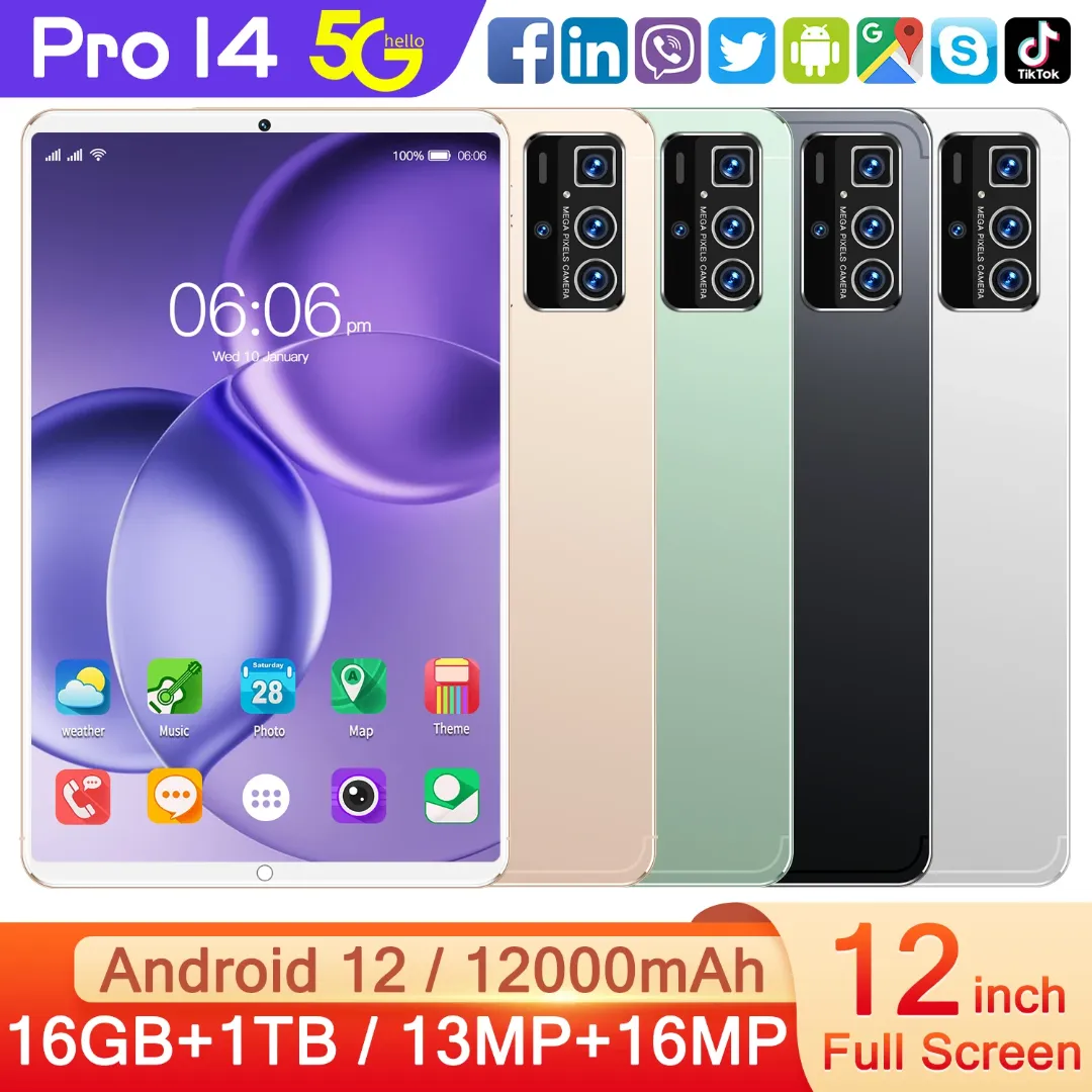 Tablette Android 12 Pro 12" – 16 Go RAM + 1 To ROM, 5G, Double SIM, 12000 mAh, Caméra 13+16MP