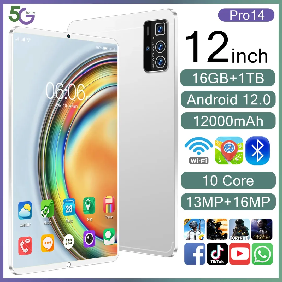 Tablette Android 12 Pro 12" – 16 Go RAM + 1 To ROM, 5G, Double SIM, 12000 mAh, Caméra 13+16MP