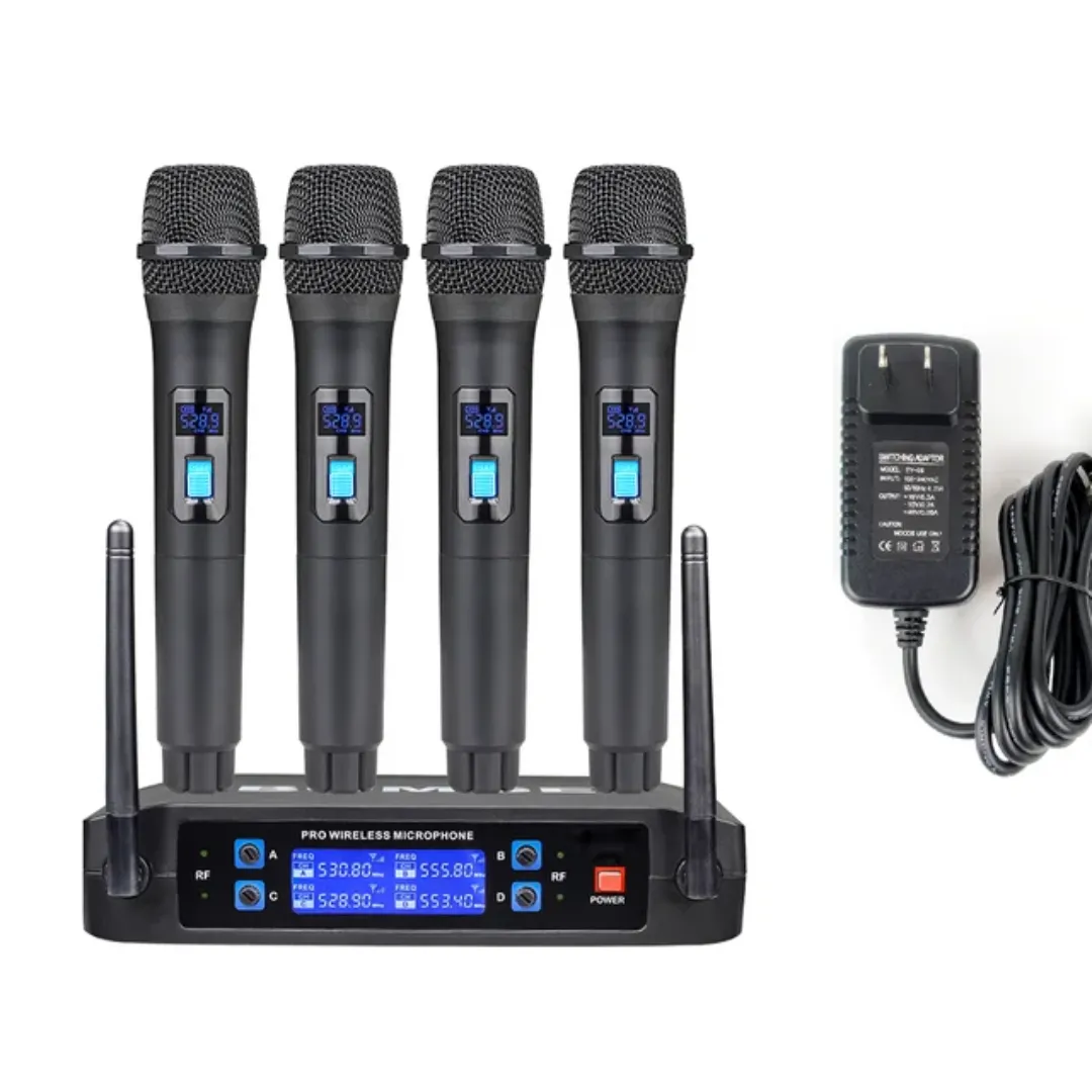 Microphone Sans Fil Professionnel VHF à 4 Canaux – Son Clair, Portée 50m, pour Événements et Spectacles