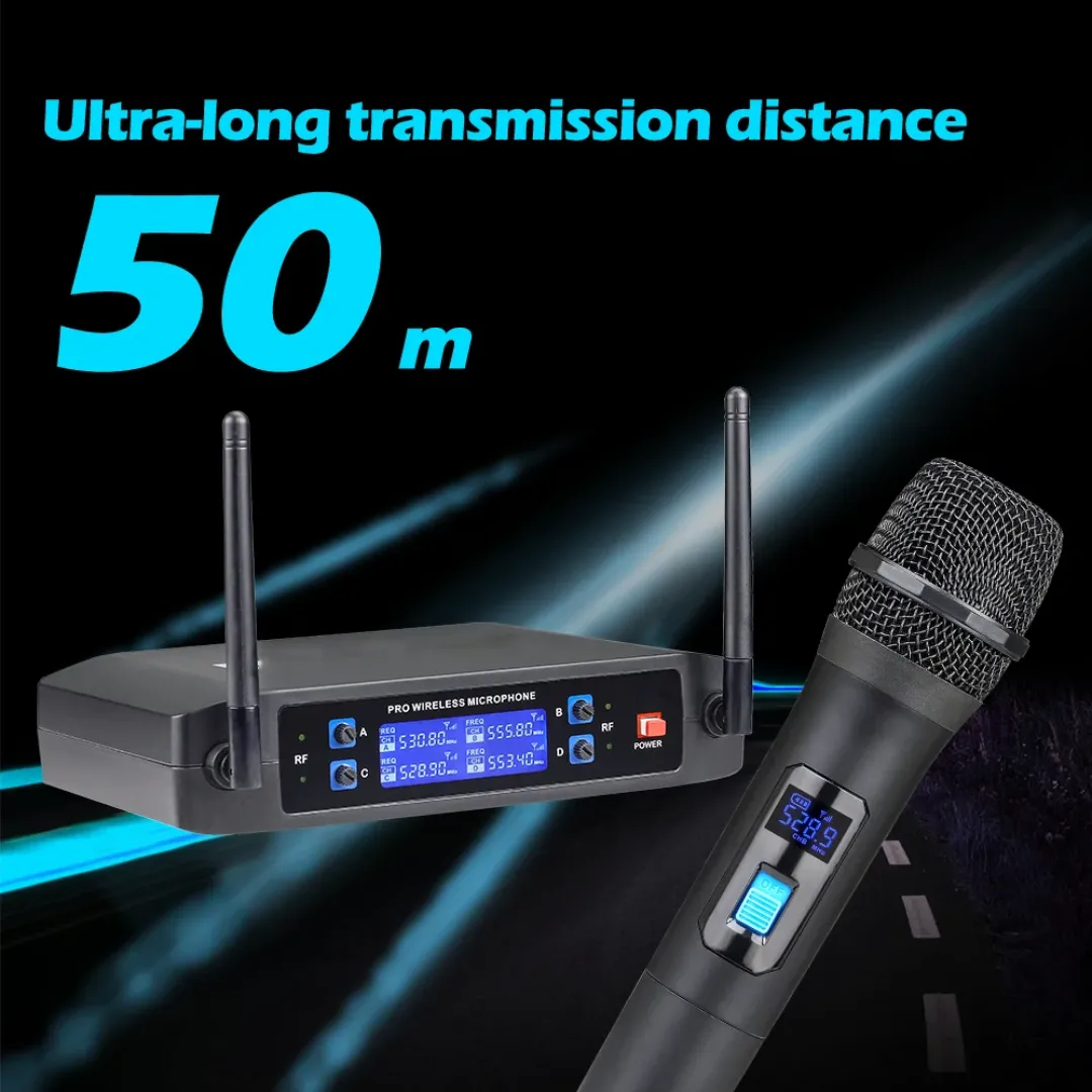 Microphone Sans Fil Professionnel VHF à 4 Canaux – Son Clair, Portée 50m, pour Événements et Spectacles