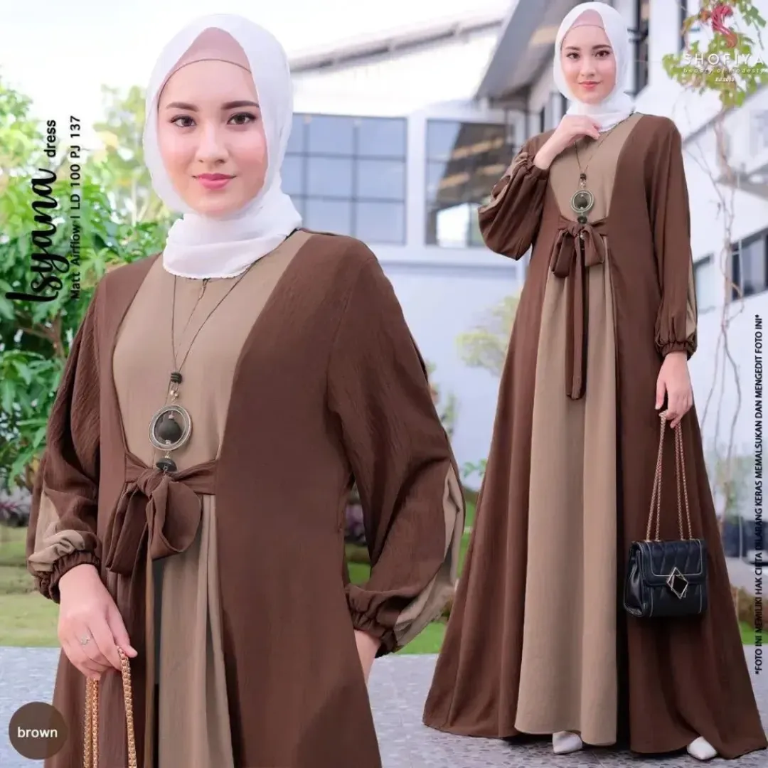 Robe Longue Hijab Femme – Modèle Isyana Élégant, Bimatière Fluide et Ceinture Noeud