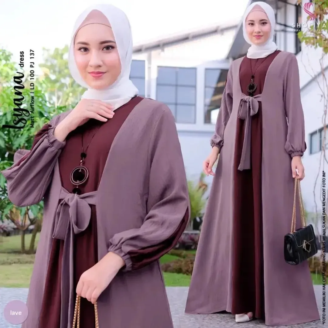 Robe Longue Hijab Femme – Modèle Isyana Élégant, Bimatière Fluide et Ceinture Noeud