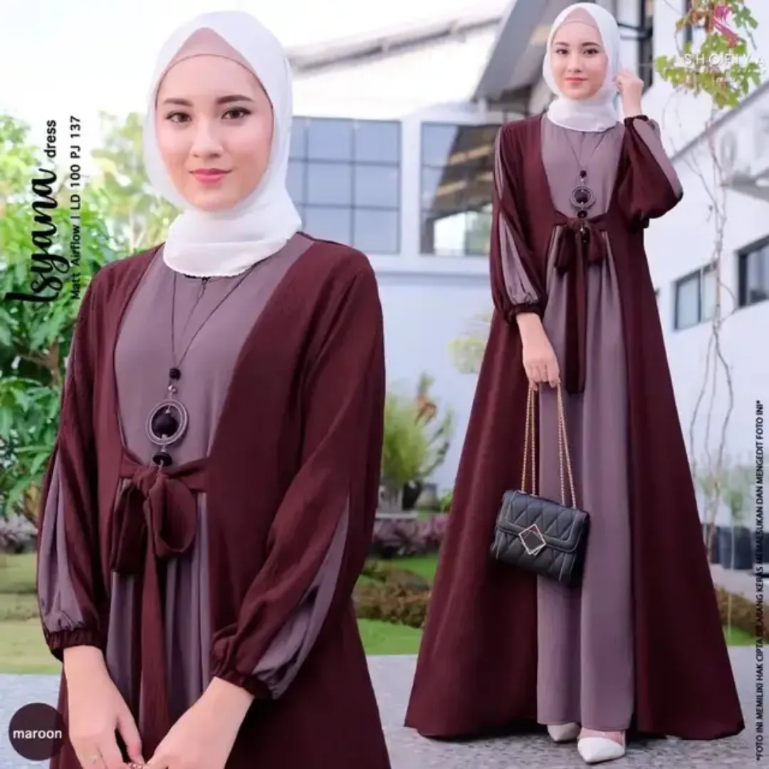 Robe Longue Hijab Femme – Modèle Isyana Élégant, Bimatière Fluide et Ceinture Noeud