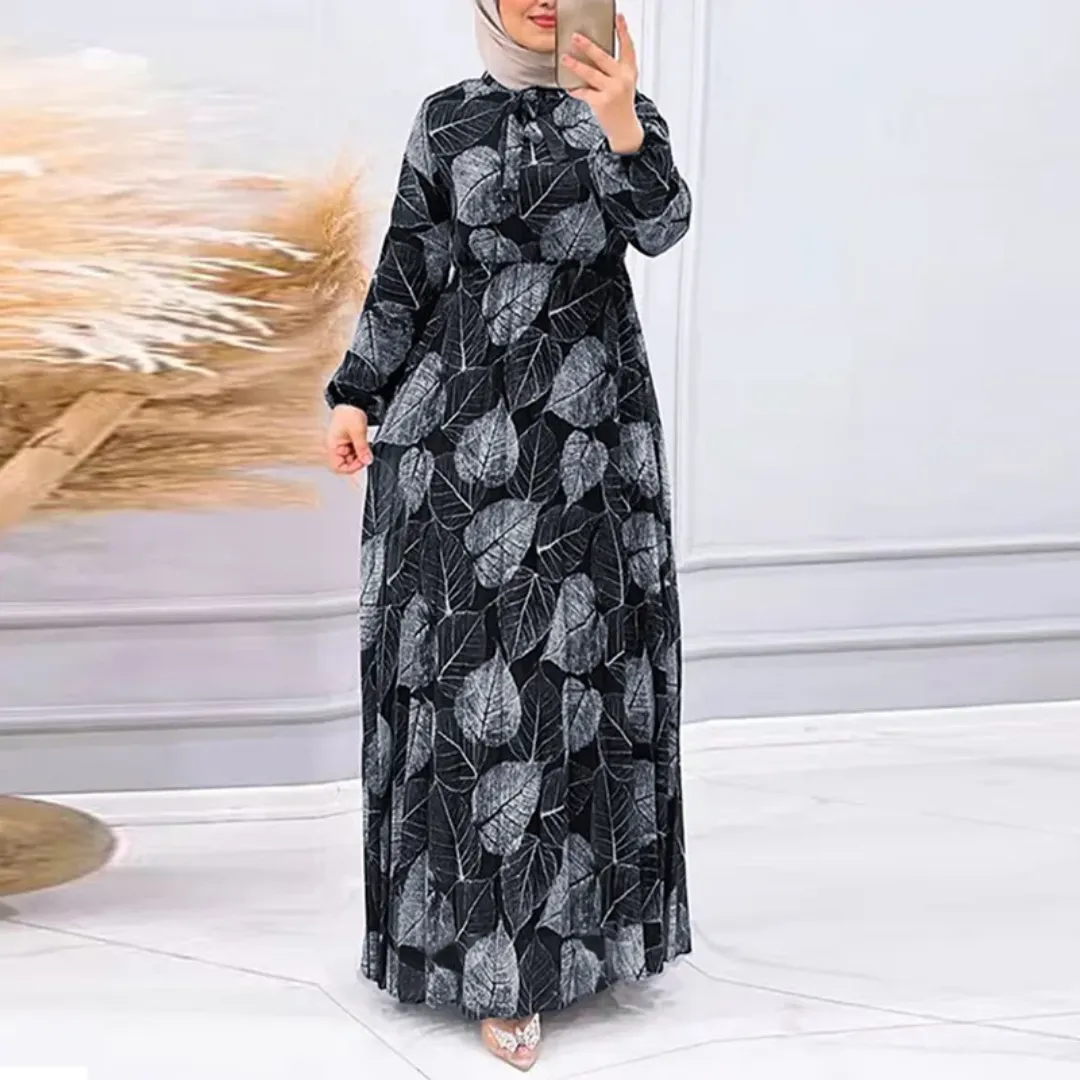 Robe Longue Voilée Imprimée Feuilles – Élégance Modeste pour Femme Musulmane
