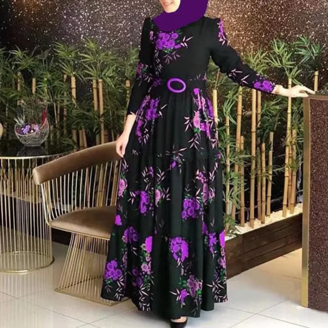 Robe Longue Fleurie Noire avec Ceinture – Élégance Orientale