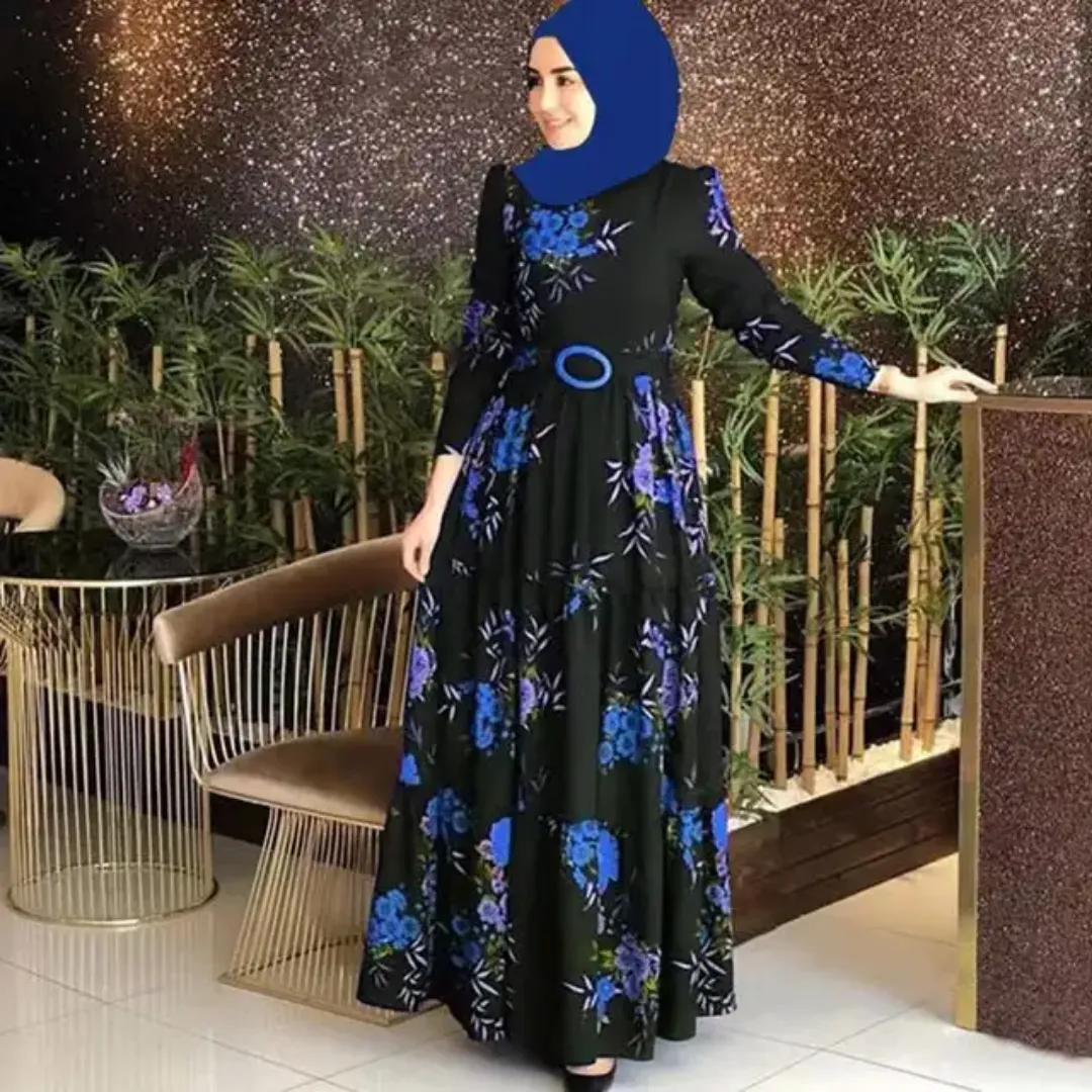 Robe Longue Fleurie Noire avec Ceinture – Élégance Orientale