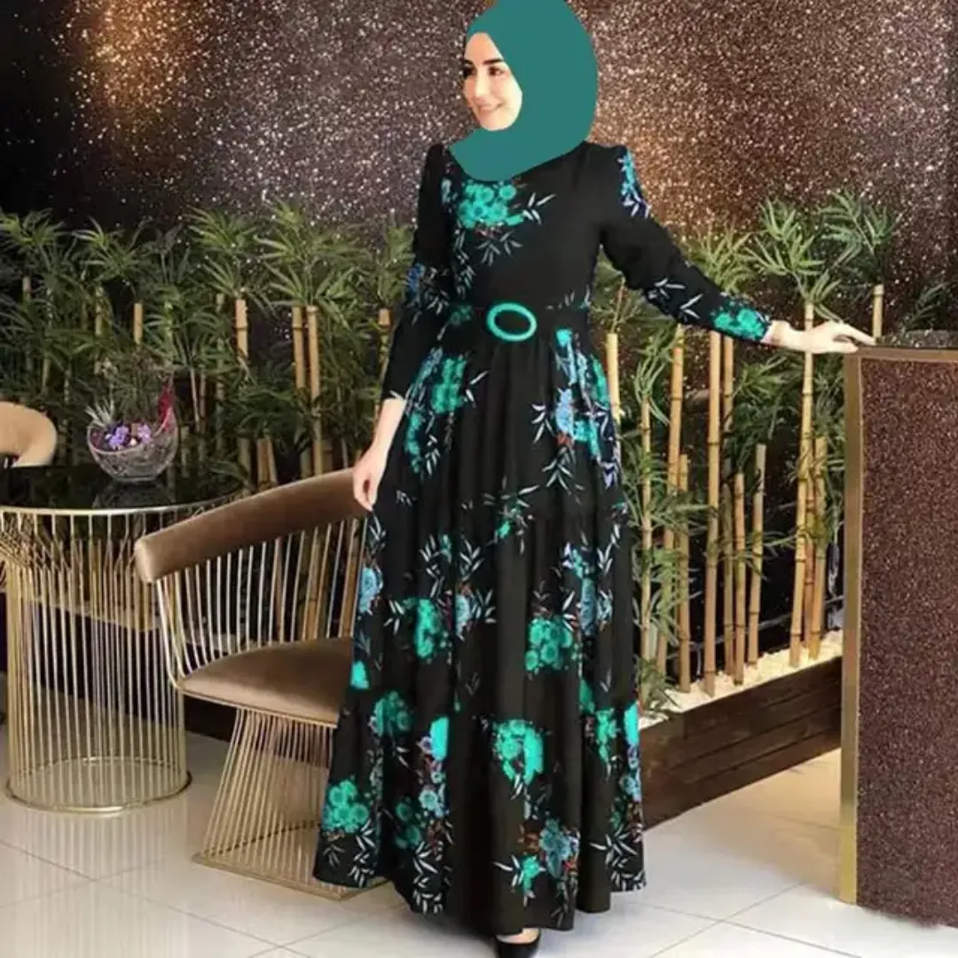 Robe Longue Fleurie Noire avec Ceinture – Élégance Orientale