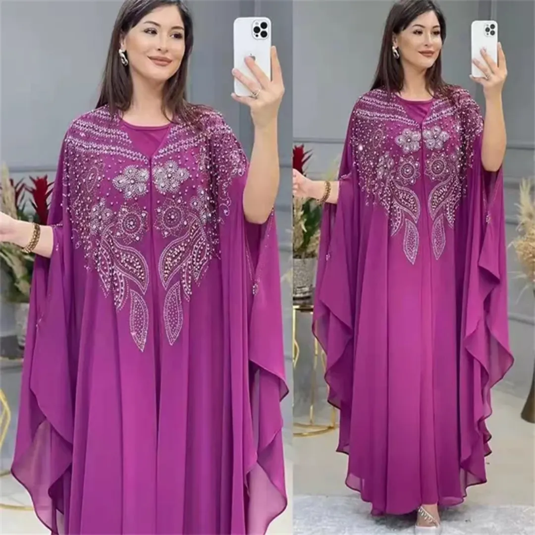 Robe Kaftan Papillon Chic à Strass – Coupe Ample et Élégante