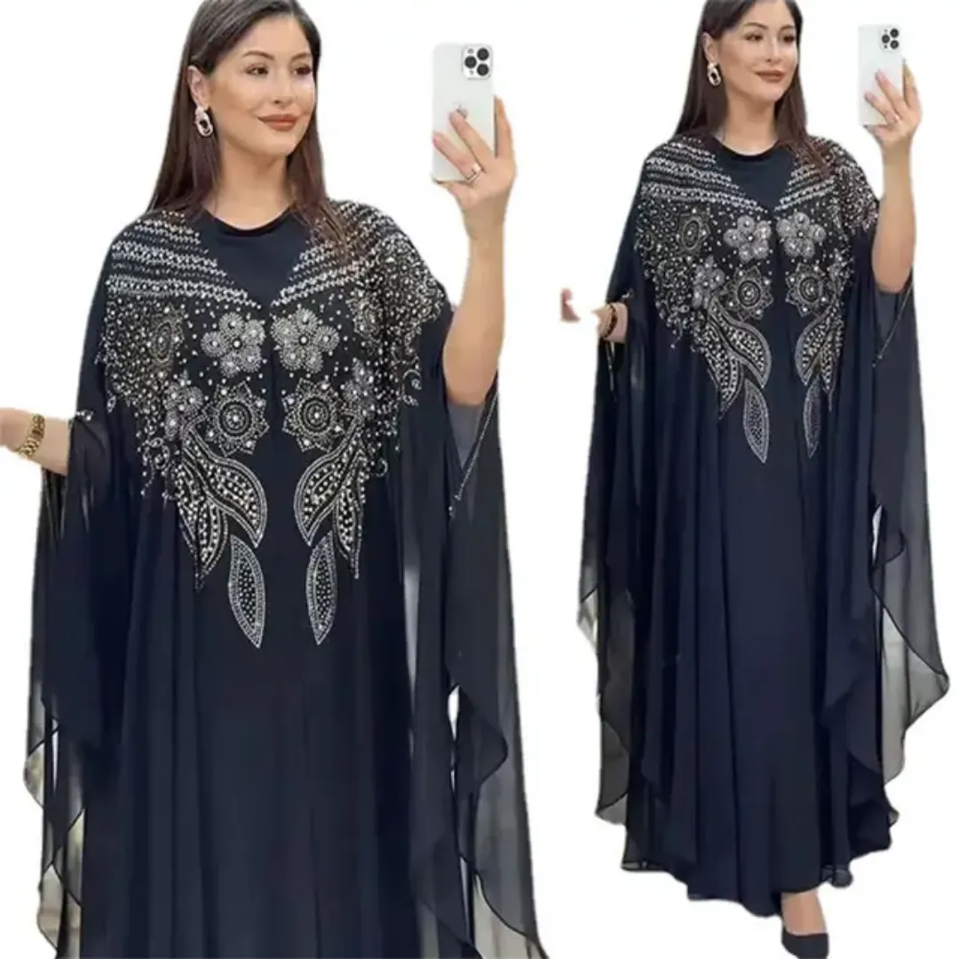Robe Kaftan Papillon Chic à Strass – Coupe Ample et Élégante