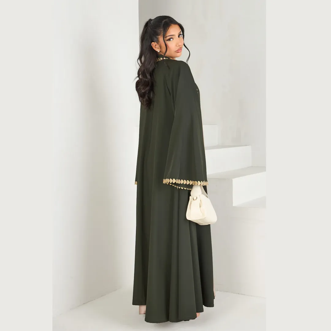 Abaya Dubaï Élégante avec Bordure Dorée en Forme de Feuilles