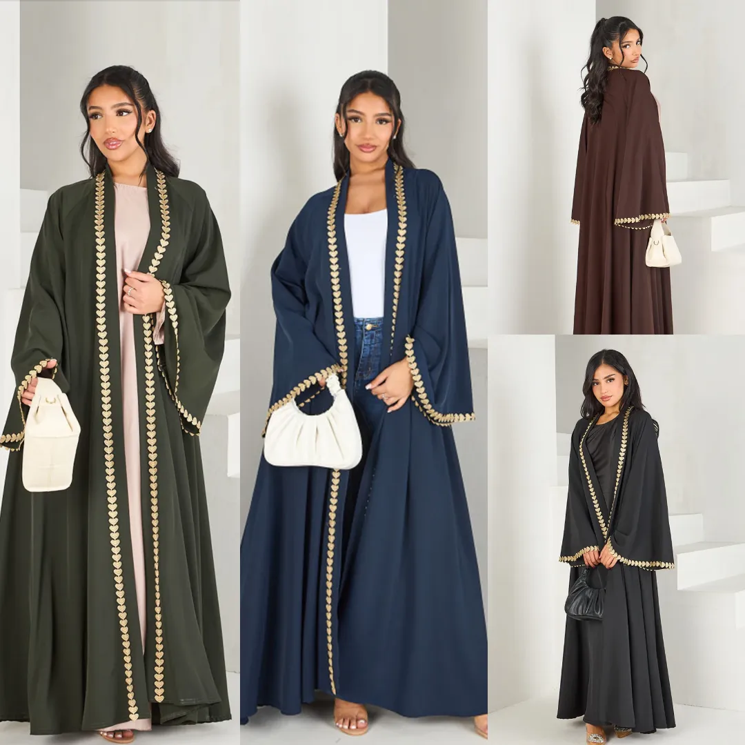 Abaya Dubaï Élégante avec Bordure Dorée en Forme de Feuilles