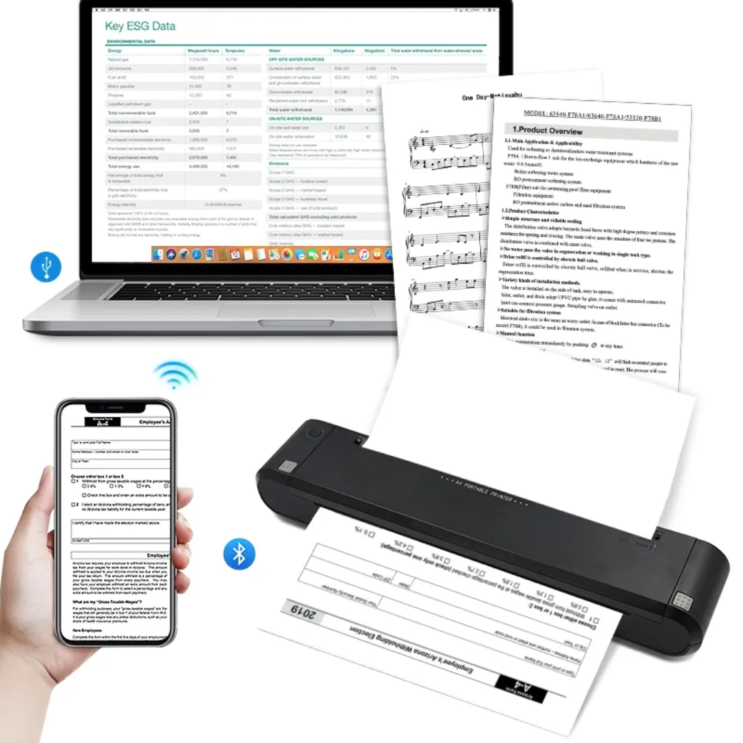Mini Imprimante Thermique Portable A4 Bluetooth - Impression Sans Encre, Compatible Android et iOS