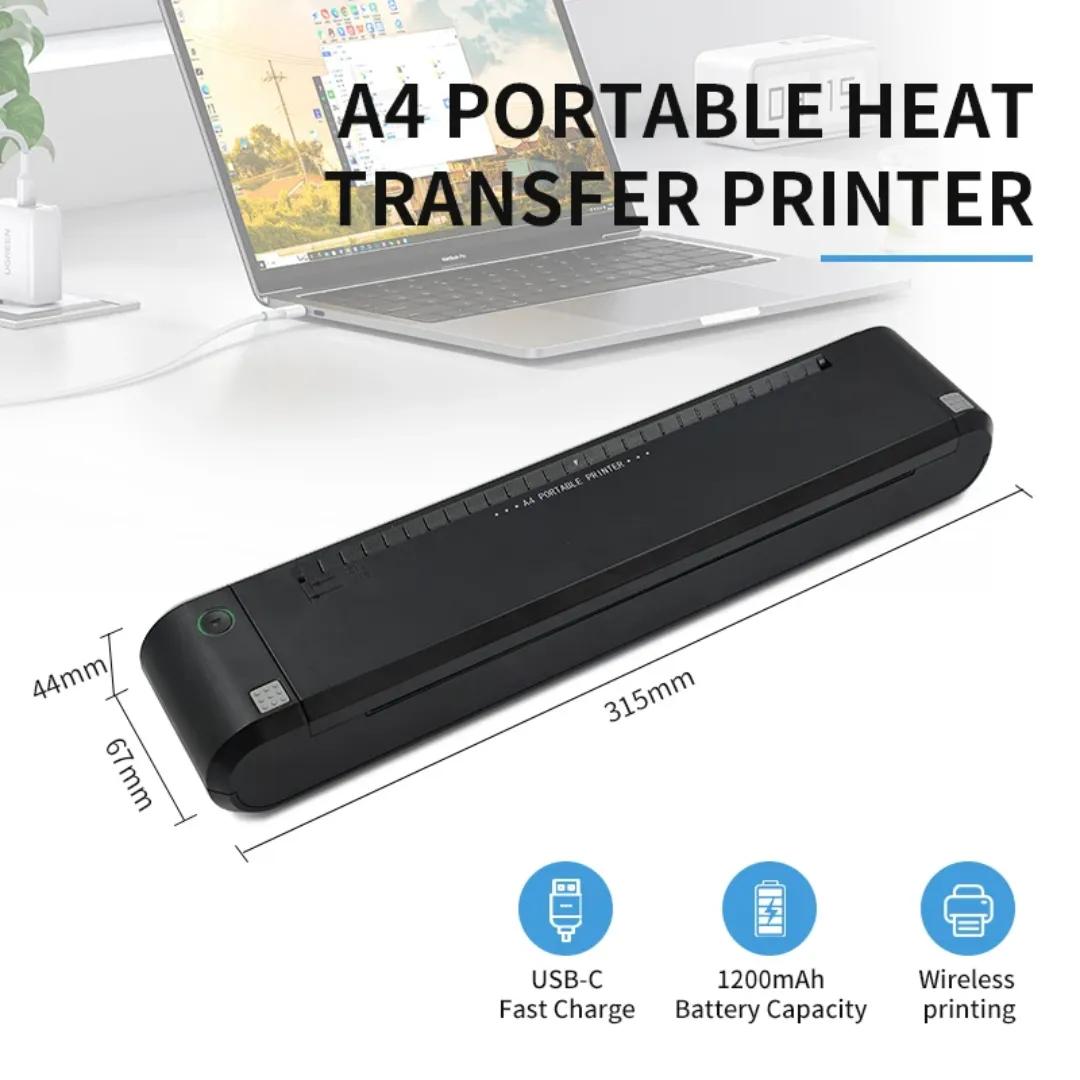 Mini Imprimante Thermique Portable A4 Bluetooth - Impression Sans Encre, Compatible Android et iOS