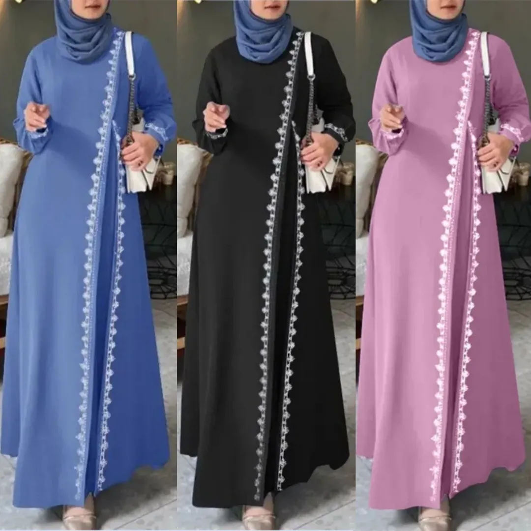 Abaya Bleu Royal avec Broderie Latérale Blanche