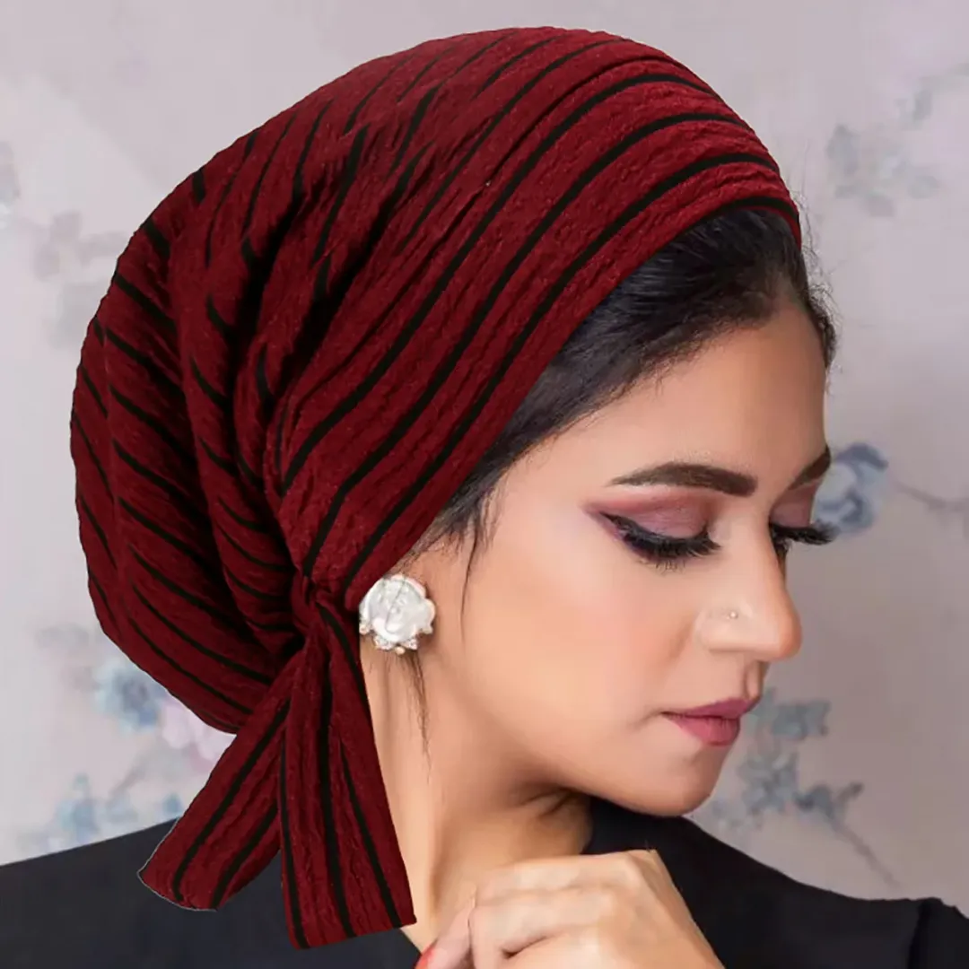 Foulard Turban Plissé Style Rayé – Prêt à Nouer