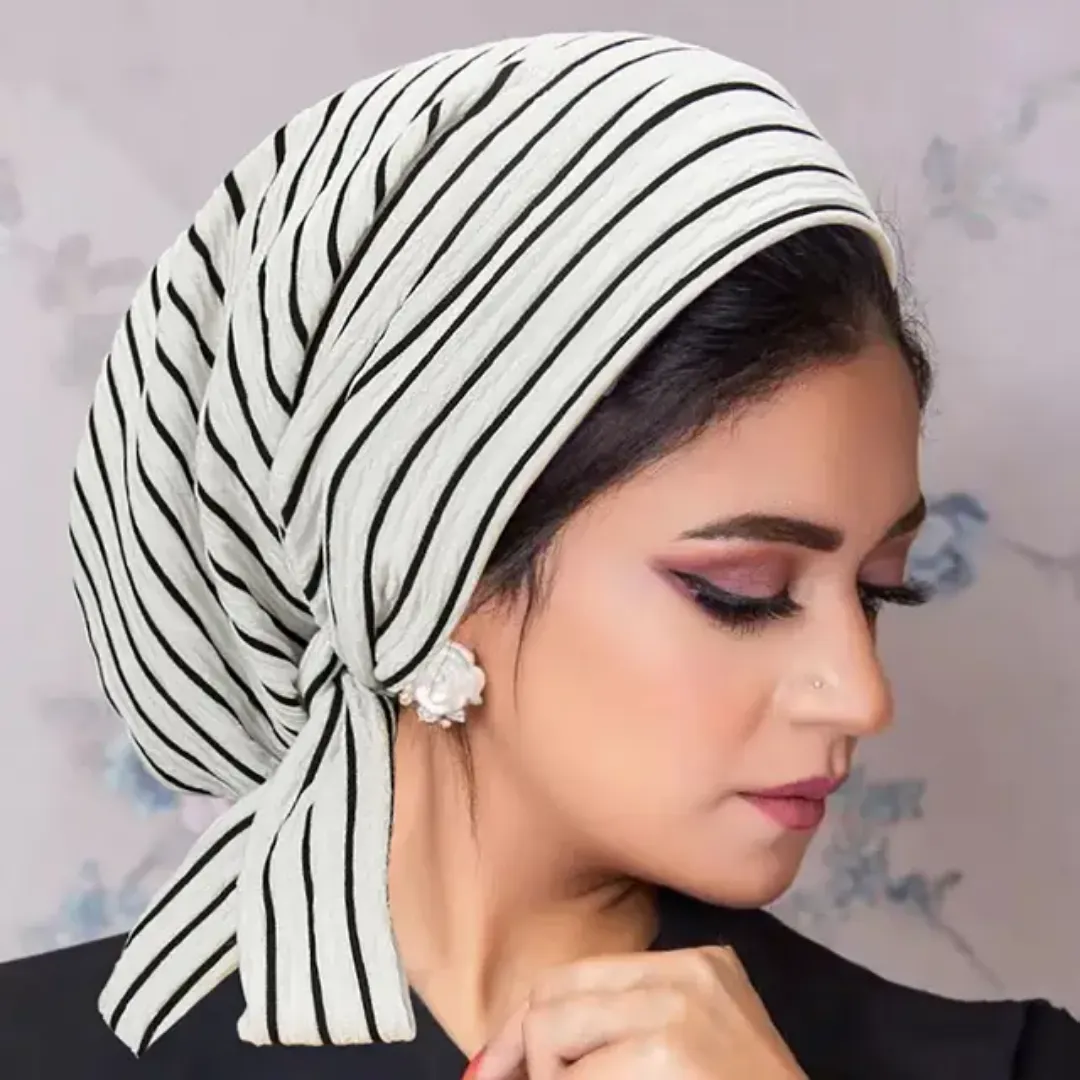Foulard Turban Plissé Style Rayé – Prêt à Nouer