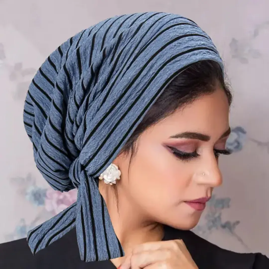 Foulard Turban Plissé Style Rayé – Prêt à Nouer